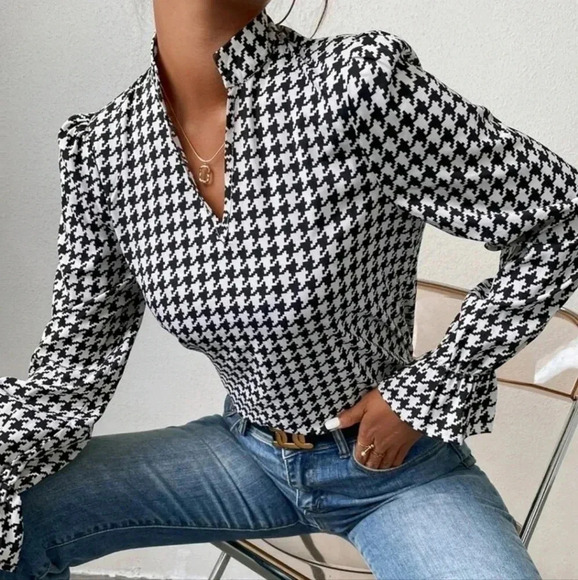 Houndstooth Notched Neck Flounce Sleeve Blouse - Picture 1 of 7